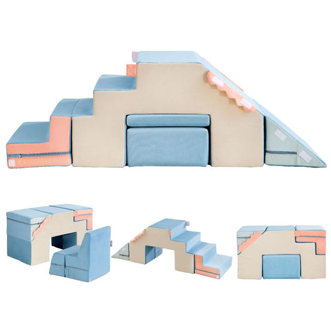 Introducing the "4 in 1 Foam Climbing Blocks for Toddlers," an adaptable modular play couch featuring interchangeable pastel-colored components crafted specifically for soft climbing activities. Ideal for toddlers, this set enables the creation of stairs, slides, and various imaginative structures to inspire creativity and imaginative play.