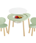 The Avocado Chair and Table Set is a children's multifunctional activity center, featuring a play table with two round chairs, a removable tabletop, and clever storage for small toys inside.