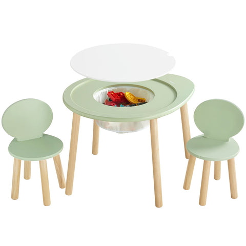 The Avocado Chair and Table Set is a children's multifunctional activity center, featuring a play table with two round chairs, a removable tabletop, and clever storage for small toys inside.