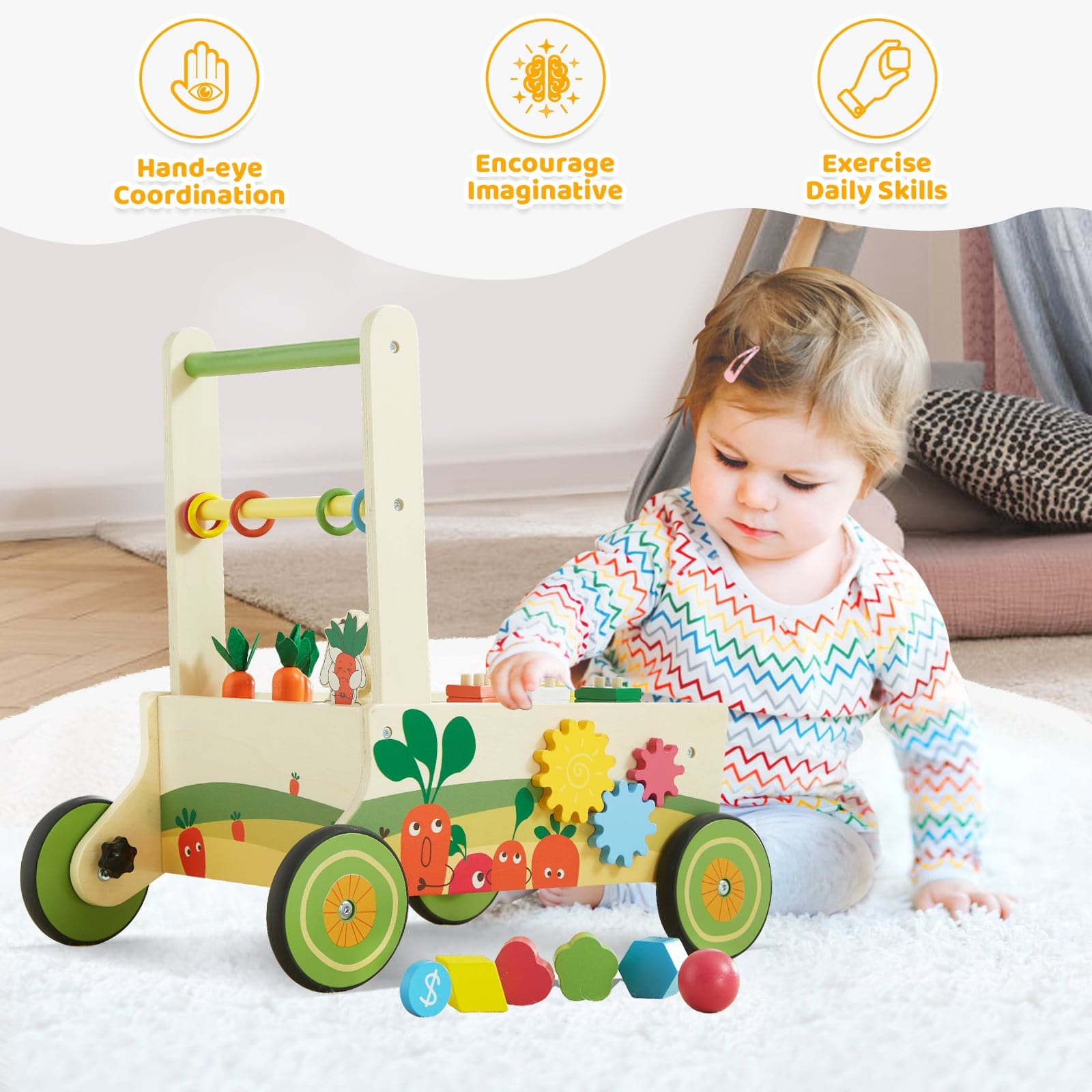 beright 12 in 1 Carrot Wooden Baby Walker